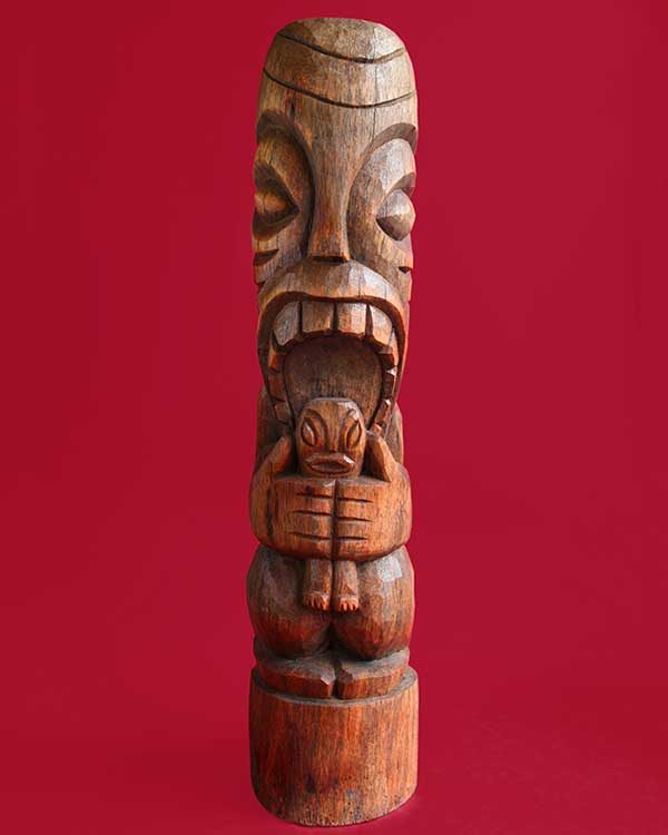 Hand Carved Wooden Head Hunter Tiki Front