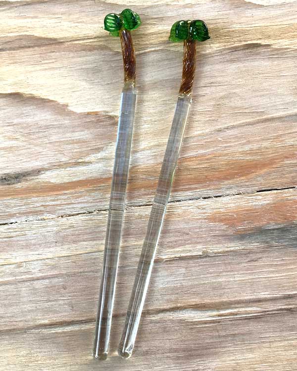 Palm Tree Tiki Hand Blown Glass Swizzle Sticks / Stirrers