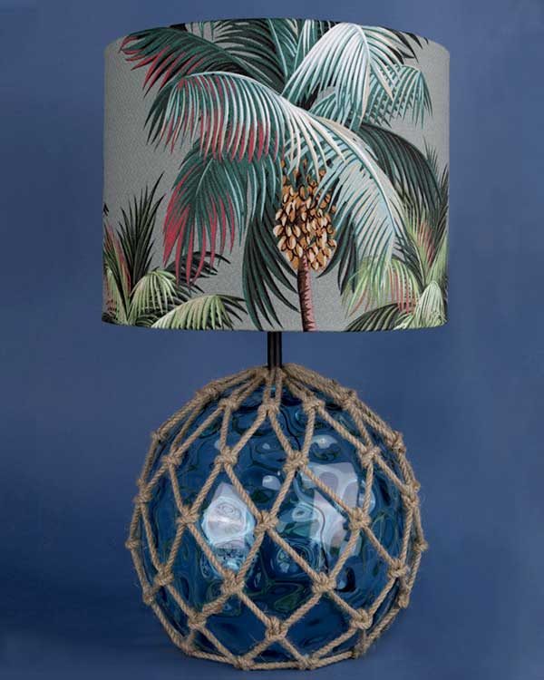 Glass Fish Float Table lamp with tropical palm tree lampshade blue