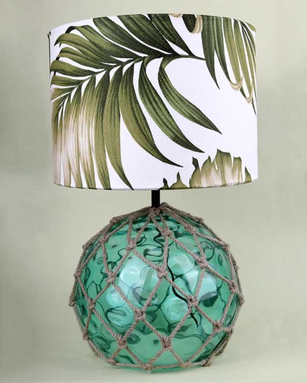 Glass Fish Float Table lamp with tropical leaf lampshade green