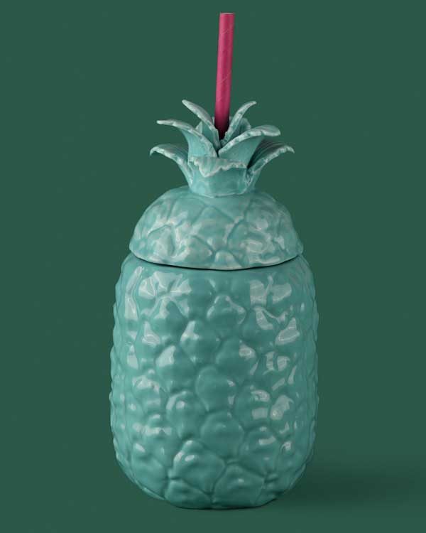 Pineapple ceramic drinking cup with straw holder in blue