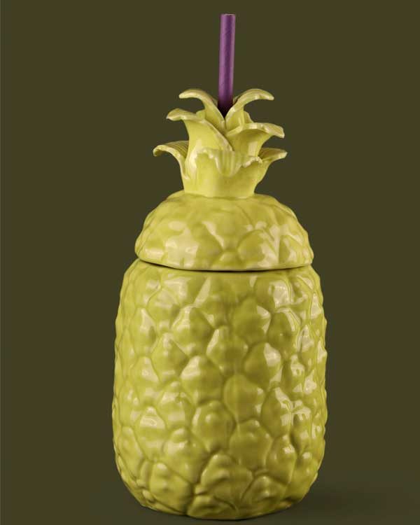 Pineapple ceramic drinking cup with straw holder in lime green