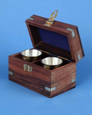 Nautical brass shot cups with anchor motif in decorative box set of 2