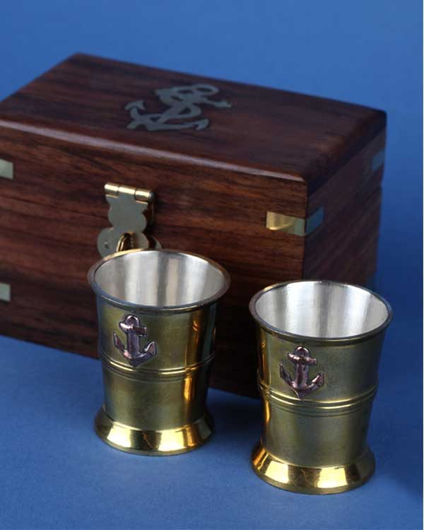 Nautical brass shot cups with anchor motif in decorative box set of 2