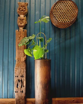 Dark room setting with east timor primitive carvinved fgure, a plam pot and plant and decorative basket