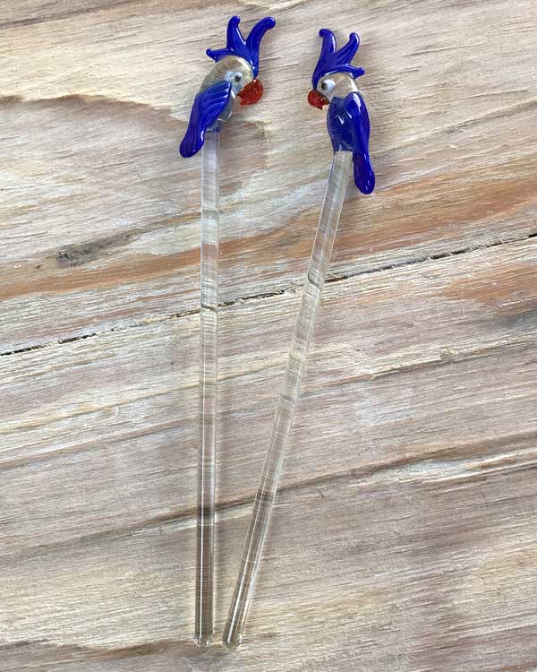 Bright Bue Parrot Swizzle Sticks, set of two