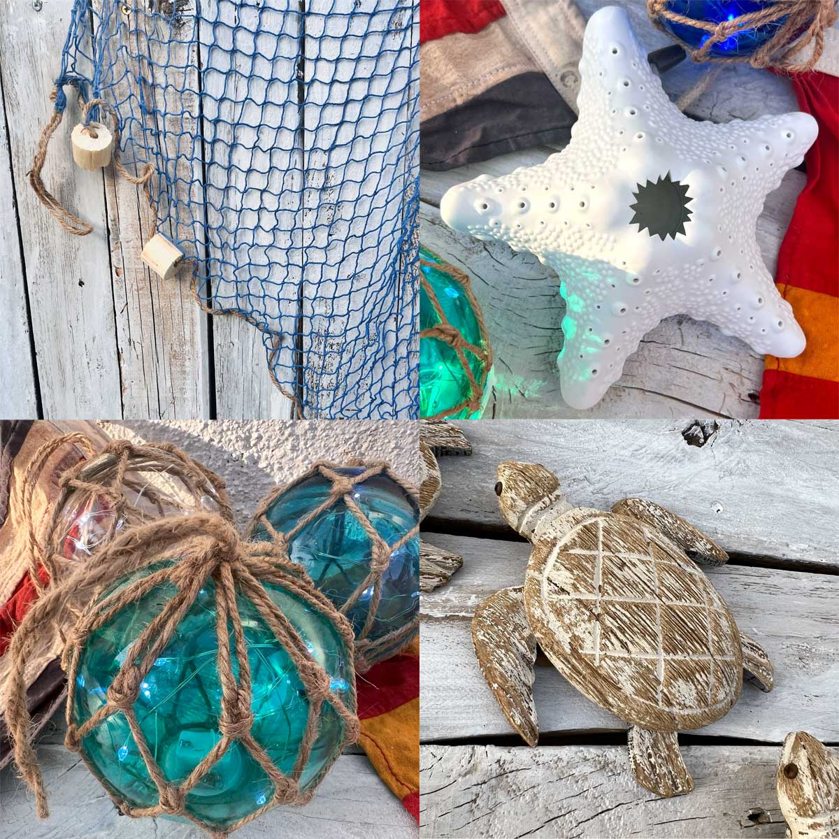 This image is a of a selection of nautical Tiki Bar decoration. It includes a Ceramic tea light holder shaped like a starfish, a decorative fishing net, a drift wood turtle and battery operated fish float lights