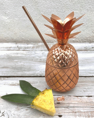 This is a photo pof a metal pineapple cokctail cup with re'usable straw shot with a fresh slice of pineapple on a white washed board.