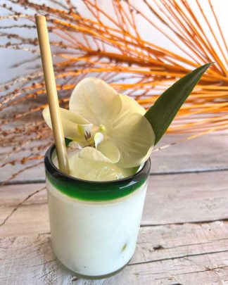 This is an image of a handblown glass tumbler with green rim, styled with a pina colada, flowers and a bamboo straw against a back drop of drift wood and a bright tropical dried palm frond.