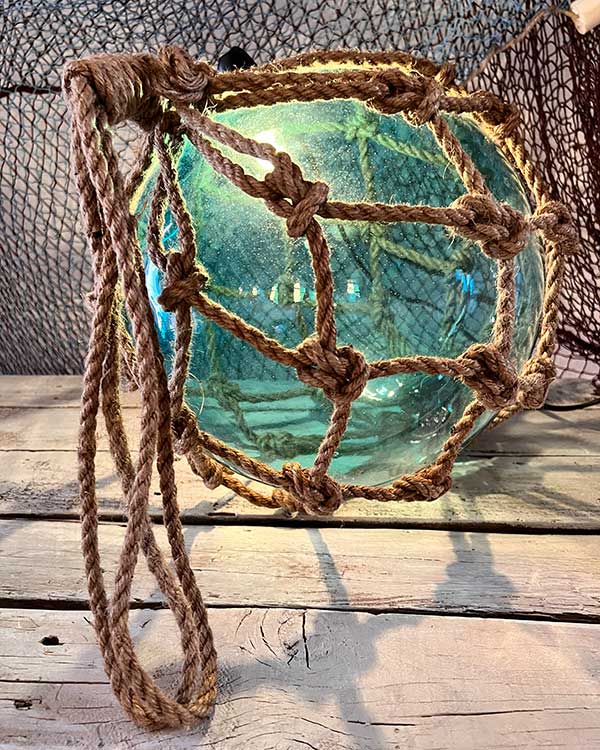 VINTAGE TURQUIOSE FISH FLOAT LIGHT WITH ROPE WEB