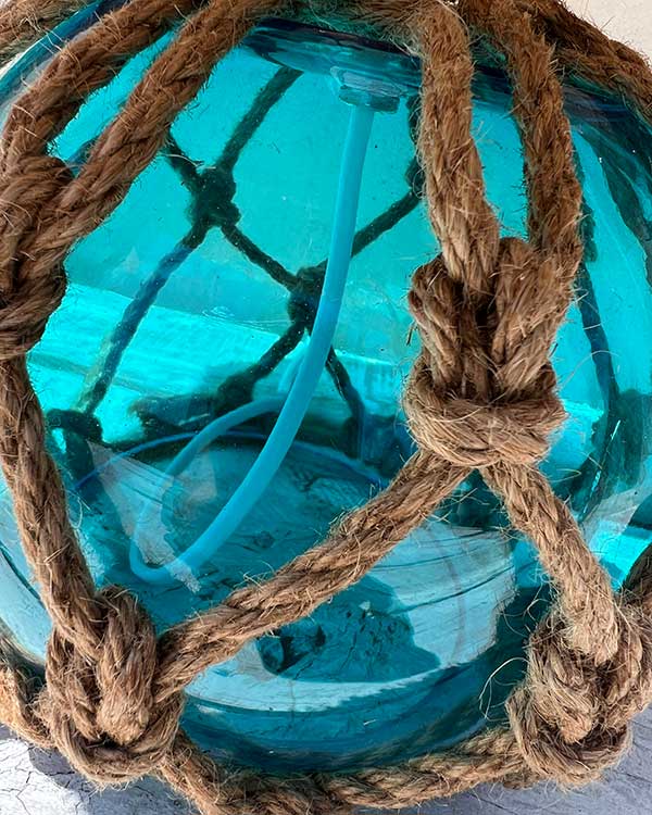 NAUTICAL FISH FLOAT TABLE LAMP WITH TAPA SHADE INSIDE GLASS DETAIL WEB