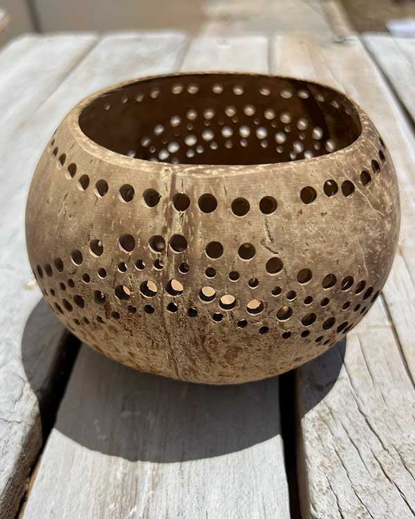 COCONUT SHELL CANDLE HOLDER WITH CARVED DETAIL ABOVE VIEW