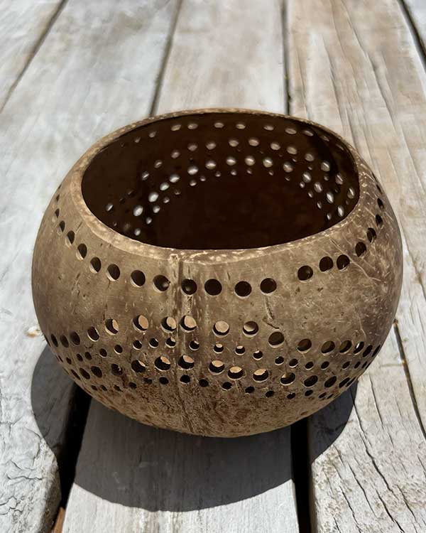 COCONUT SHELL CANDLE HOLDER WITH CARVED DETAIL SIDE VIEW