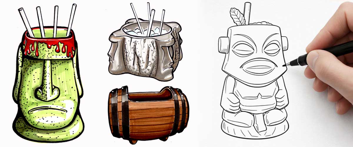 Hand sketching tiki mug designs before you sculpt Hand sketching tiki mug designs before you sculpt