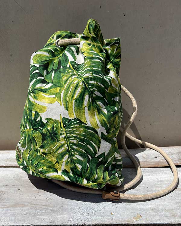 TROPICAL GREEN LEAF BACK PACK WITH ROPE STRAPS FRONT VIEW 2
