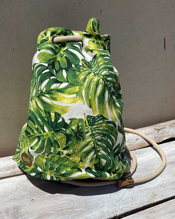 TROPICAL GREEN LEAF BACK PACK WITH ROPE STRAPS FRONT VIEW