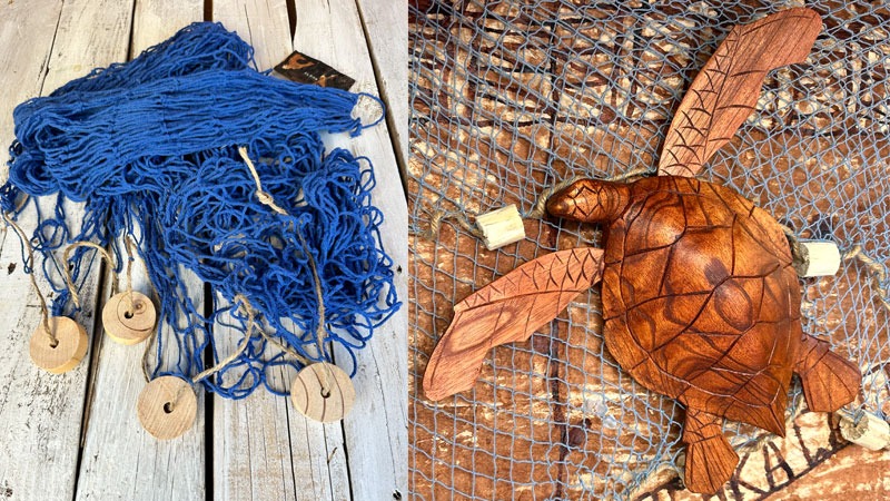 DECORATIVE FISH NET AND CARVED WOODEN TURTLE TIKI BAR DECOR