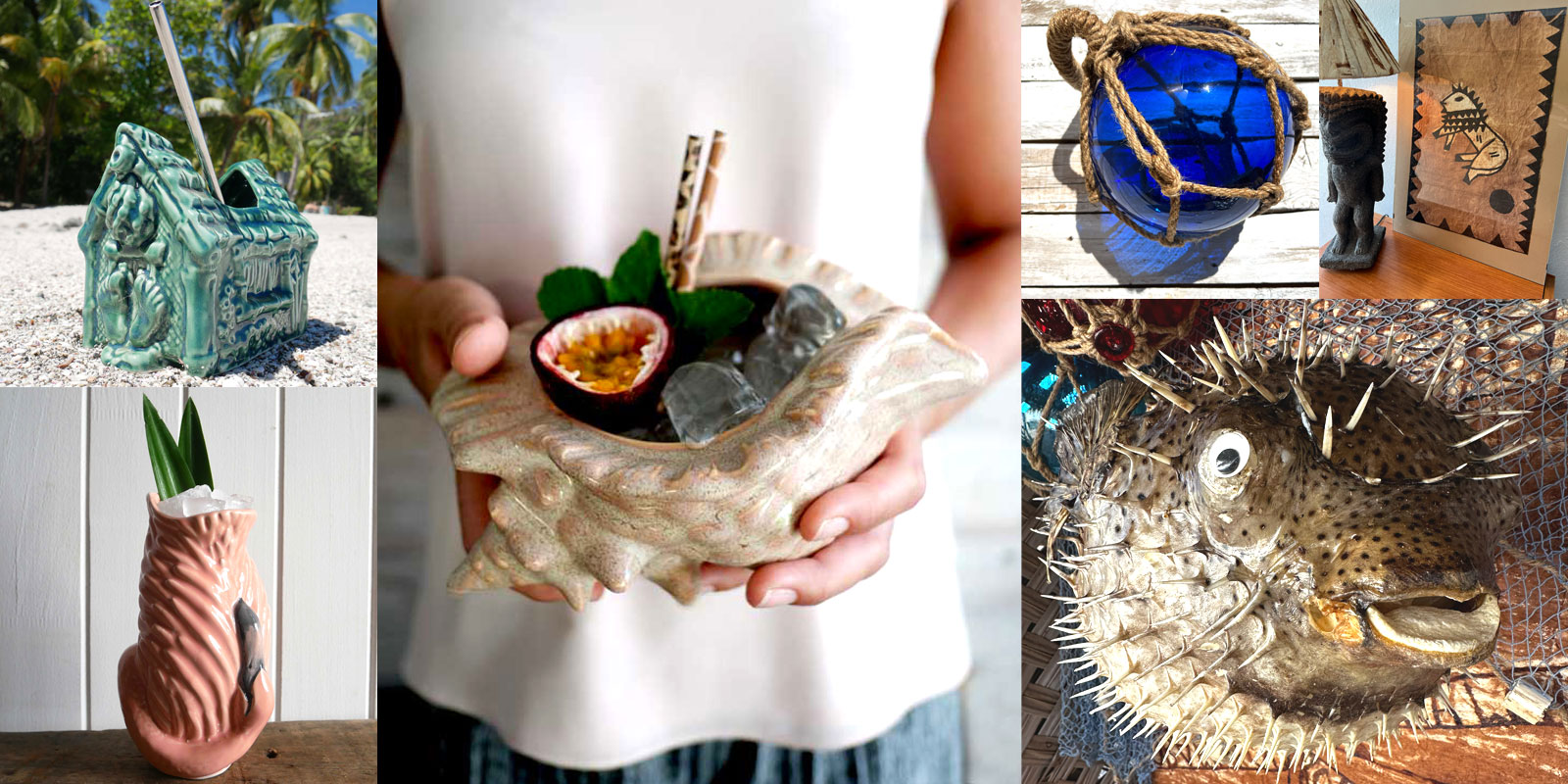 IMAGE CONTAINING TIKI MUGS VINTAGE TAPA CLOTH FRAMED AND DRIED OUFFER FISH DECOR AND JAPANESE GLASS FISH FLOAT