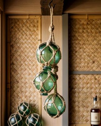 GREEN FISH FLOAT STRING HANGING FROM BEAM IN TIKI BAR